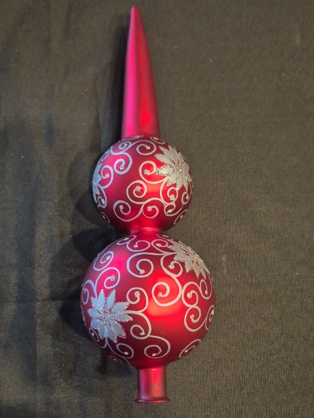 Red Double-Ball Christmas Tree Topper with Silver Glitter Accents